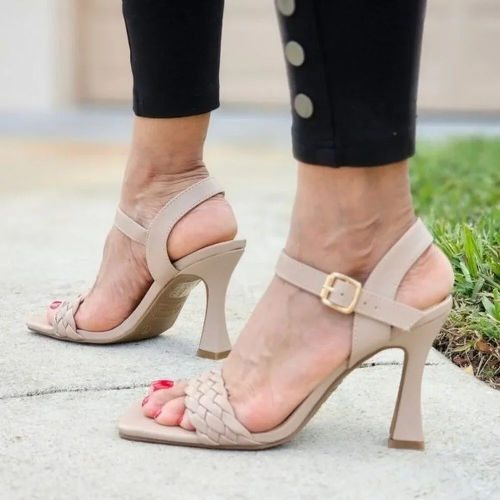 Elegant Nude Square Open Toe Sandals Women’s Braided Ankle Strap - Picture 2 of 5